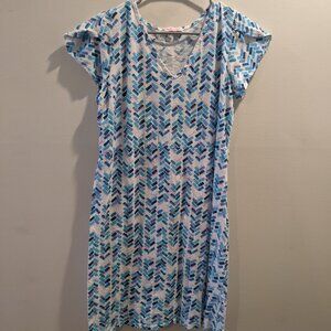 Fresh Produce Womens V Neck Dress White with Blue, Purple, Pink Design Size XL